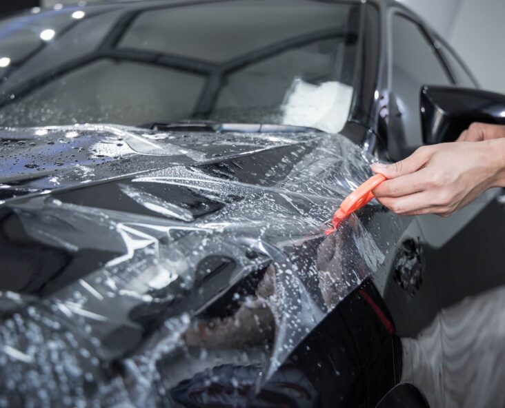 Technician applying paint protection film (PPF)