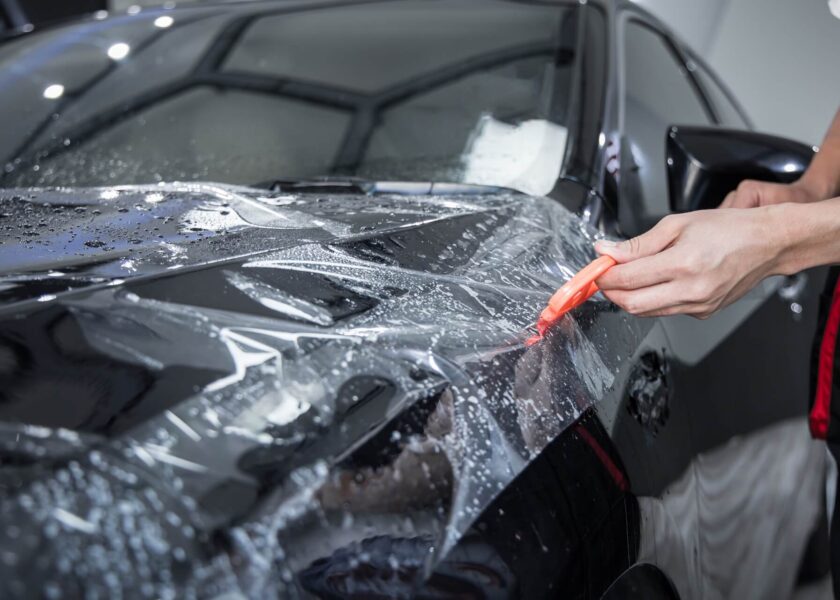 Technician applying paint protection film (PPF)